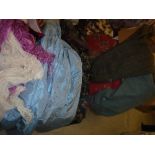 A collection of vintage clothing, etc, to include a pale blue silk dress,