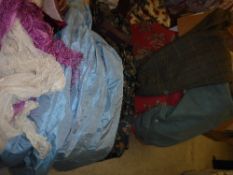 A collection of vintage clothing, etc, to include a pale blue silk dress,
