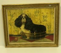 PAUL STAGG "King Charles Spaniel in a Basket", oil on canvas, signed lower right,