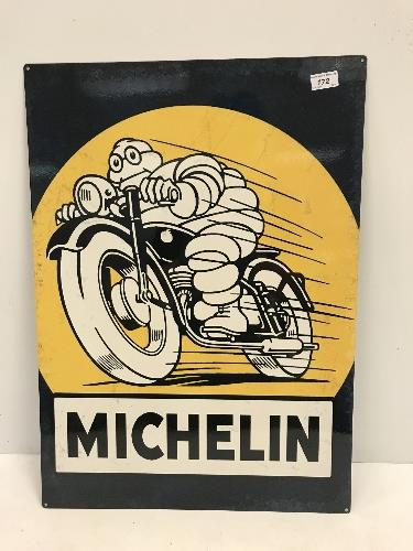 A reproduction rectangular metal sign, "Michelin", with Michelin Man on a motorbike,