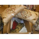A box of assorted linen to include an open lace bedspread, approx 2.5 m x 2.