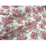 Two pairs of cotton white ground pink floral decorated interlined curtains with fixed triple pencil