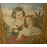 A Victorian needlework panel depicting two young girls with flowers,