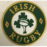 A modern painted cast metal sign "Irish Rugby",