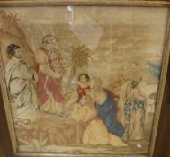 A 19th Century needlework tapestry panel depicting 'Moses presenting the 10 commandments',