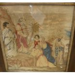 A 19th Century needlework tapestry panel depicting 'Moses presenting the 10 commandments',