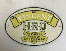 A modern painted cast metal sign "The Vincent HRD",