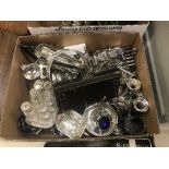 Two boxes of various plated wares including cutlery, pair of two branch three light candelabra,