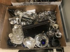 Two boxes of various plated wares including cutlery, pair of two branch three light candelabra,