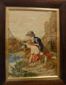 A 19th Century needlework tapestry panel of a young boy and girl fishing,