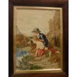 A 19th Century needlework tapestry panel of a young boy and girl fishing,