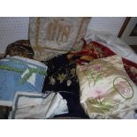 A box of assorted altar cloths to include embroidered panels,