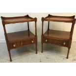 A pair of modern yew wood two tier side tables with single drawer,
