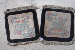 A pair of Chinese Art Deco style square rugs with central pagoda and tree decoration,