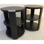 A pair of modern simulated Zebra wood circular three tier occasional tables,