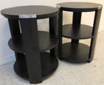 A pair of modern simulated Zebra wood circular three tier occasional tables,