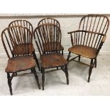 A 19th Century ash stick back Windsor type elbow chair on turned legs united by an H stretcher,