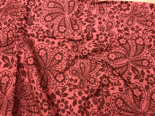 Two pairs of Jane Churchill damask style red ground lined curtains with taped pencil pleat headings, - Image 3 of 4