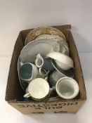 A box of various china wares to include Susie Cooper "Turquoise Dot" decorated tea wares,