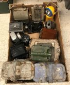 Two boxes of assorted car, railway and other lamps to include a May & Co.