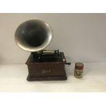 An Edison standard phonograph, oak cased, circa 1905 with aluminum horn,