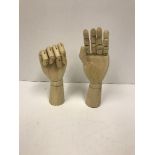 Two modern artist's wooden model hands