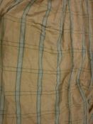 A pair of cotton mix cream and teal checked self patterned interlined curtains with fixed twin