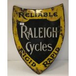 A vintage enamelled sign, shield shaped, inscribed "Raleigh Cycles Reliable Rigid….