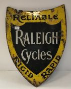 A vintage enamelled sign, shield shaped, inscribed "Raleigh Cycles Reliable Rigid….