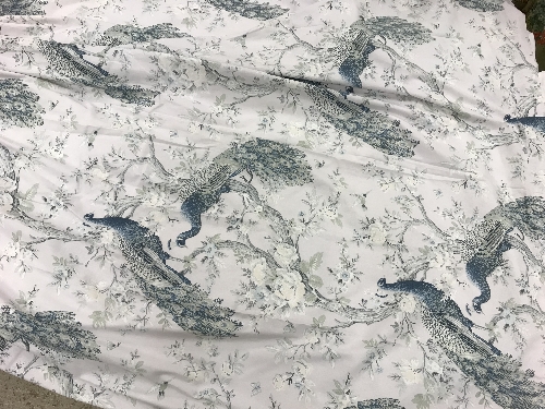 Two pairs of Laura Ashley "Peacock" design lined curtains with taped pencil pleat headings and