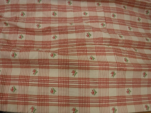 Two pairs of cotton type cream and red checked interlined curtains with floral sprays with fixed