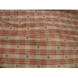 Two pairs of cotton type cream and red checked interlined curtains with floral sprays with fixed