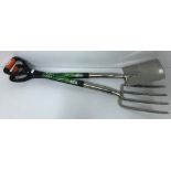A Green Blade stainless steel border fork and spade