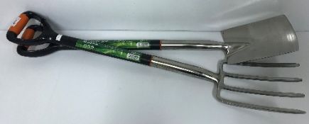 A Green Blade stainless steel border fork and spade