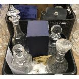 A Waterford cut glass decanter and four further decanters and a box containing assorted metal wares