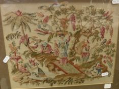 An early 19th Century woodwork embroidery of a “Chinoiserie Garden Scene with Woman Catching Carp