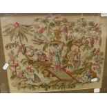 An early 19th Century woodwork embroidery of a “Chinoiserie Garden Scene with Woman Catching Carp