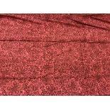 Two pairs of Jane Churchill damask style red ground lined curtains with taped pencil pleat headings,