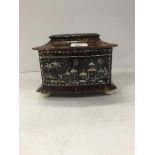 A Regency tortoiseshell veneered tea caddy inlaid in mother of pearl with chinoiserie decorated