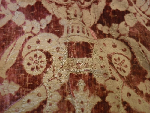 A 19th Century velvet red and gold tablecloth with tasselled edge and bird and foliate decoration - Image 9 of 16