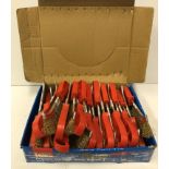 A box of 24 plastic handled wire brushes