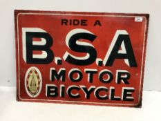 A reproduction rectangular metal sign, "Ride a BSA Motorbicycle",