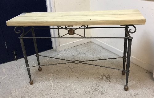 A modern painted wrought iron framed console table, with wooden plank top,