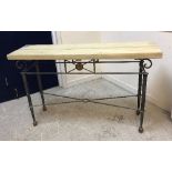 A modern painted wrought iron framed console table, with wooden plank top,