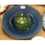 A blue soda glazed and gilt decorated dish by Gary Wornell Brown together with a cut glass bowl and