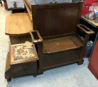 A Victorian mahogany box seat commode stool and an early 20th Century oak hall box seat settle with