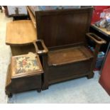 A Victorian mahogany box seat commode stool and an early 20th Century oak hall box seat settle with