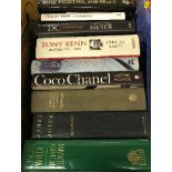 Three boxes of various books, mainly biographies including on Coco Chanel, James Joyce, Oscar Wilde,