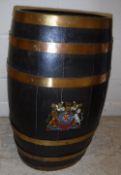 A modern coopered oak and brass bound stick stand of barrel form bearing transfer decorated Royal