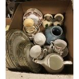 A box containing assorted chinaware to include Ainsley Henley pattern dish plates and side plates,